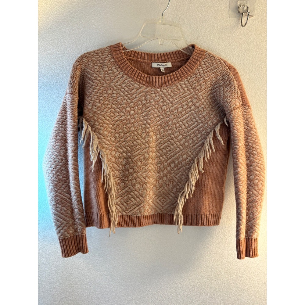 Madewell Fringe Chevron Knit Crewneck Sweater Clay Pink XXS wool
